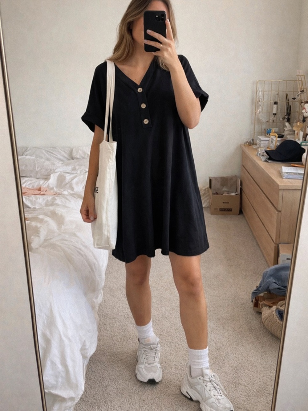 Black Button Front T-Shirt Dress | Casual Minimal Shift Dress | Size Extra Large
